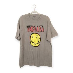 Nirvana Officially Licensed Tan Tie Dye Nevermind Smiley Grunge Band Tee